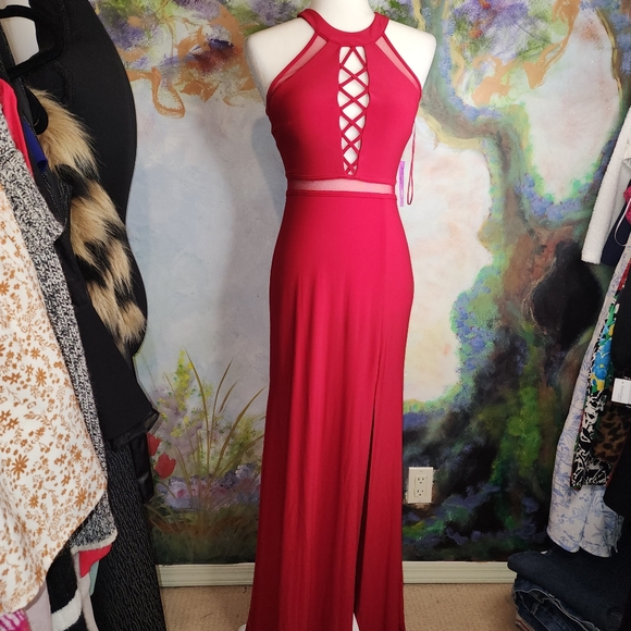 Morgan & Co. Dresses & Skirts - NWT RED High Back and Neck Halter with Peek-a-Boo Mesh Panels OpenCross Bust